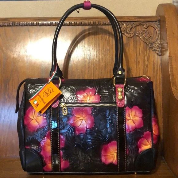 NWT-Marino Orlandi-Embossed Leather Satchel-Black-Tropical 🌺 Flowers-Italian 🇮🇹 - Picture 4 of 16